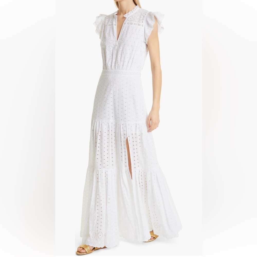 Veronica Beard White Eyelet Midi Dress with Flutter Sleeves